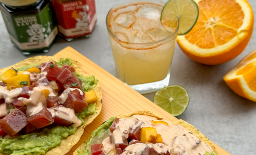 Tuna Tostada paired with a Chili Oil Margarita